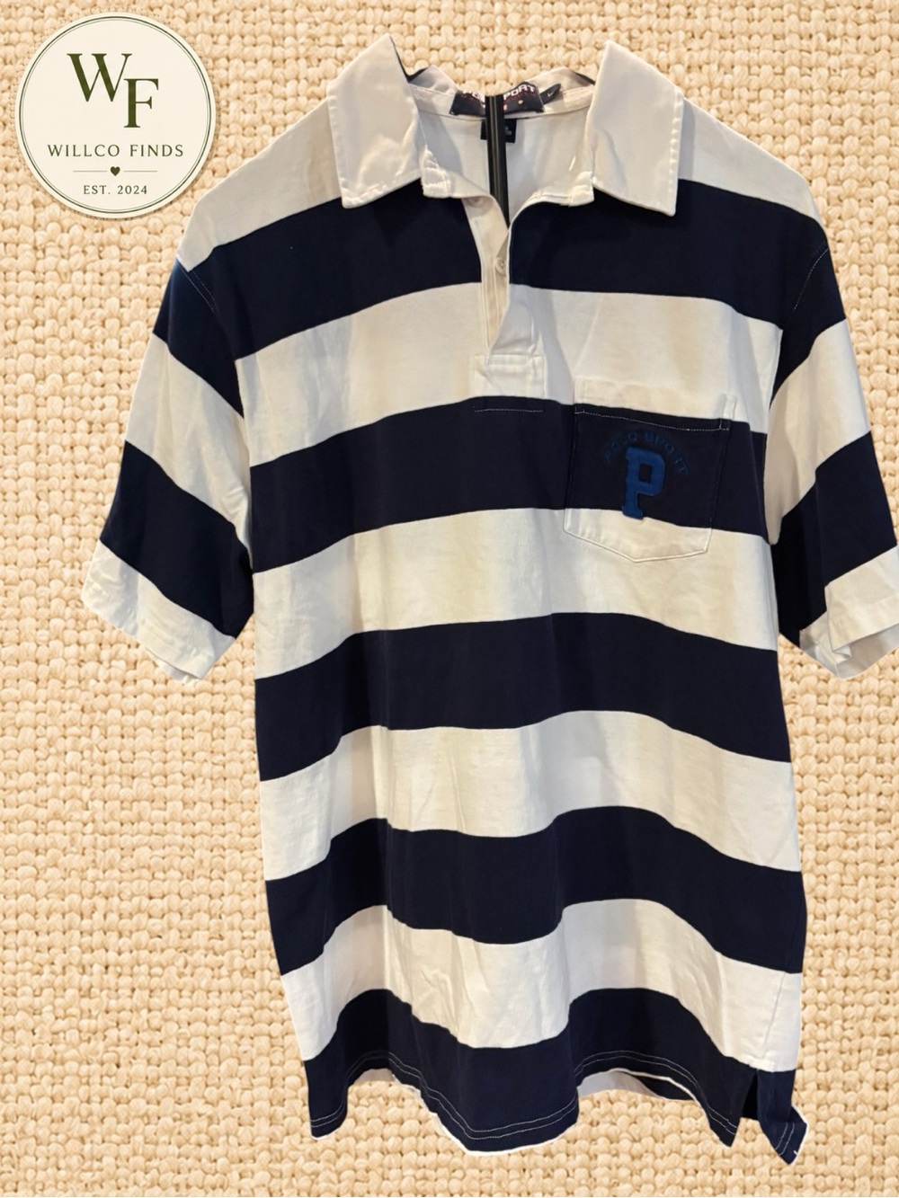 Vintage Polo Sport Ralph Lauren Rugby Polo Shirt Men’s L Navy White Stripe